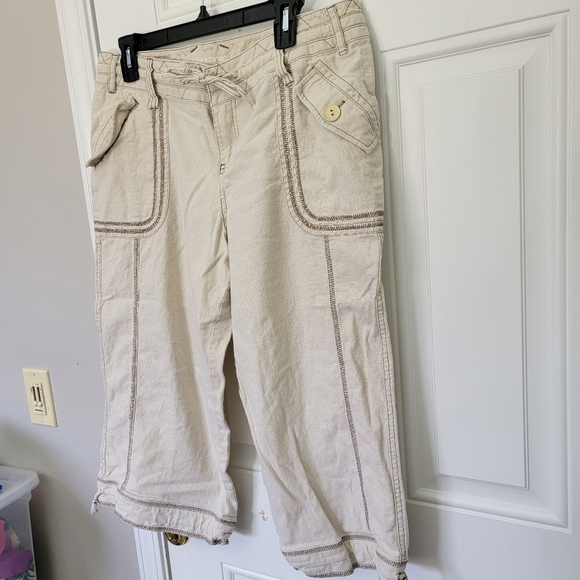 Lane Bryant Linen Cotton Blend Crop Pants Contrast Stitch Tan Pockets Size 14 - Picture 3 of 12